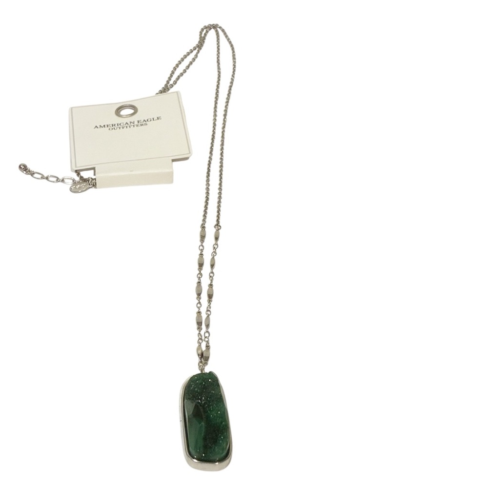 American‎ Eagle Outfitters Silver Tone Green Stone Long Necklace NEW